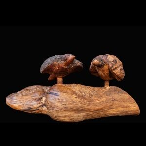 Vintage Hand-Carved Sea Turtles On Driftwood Base.